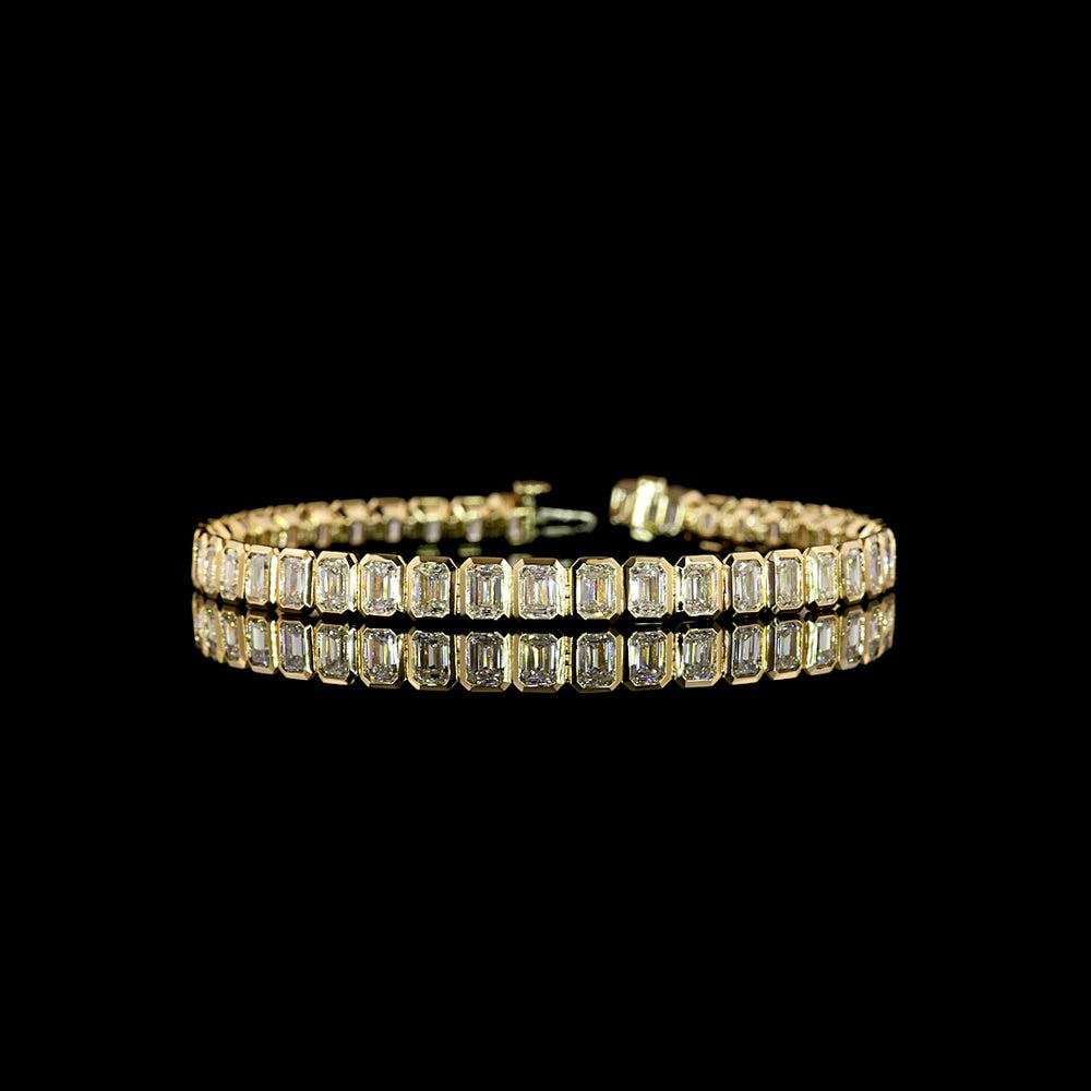 14K Yellow Gold Tennis Bracelet with Bezel Set Emerald Cut Lab Diamonds - 10.45 Carat Total Weight, E-F Color, VS1 Clarity - Covaloro Fine Jewelry