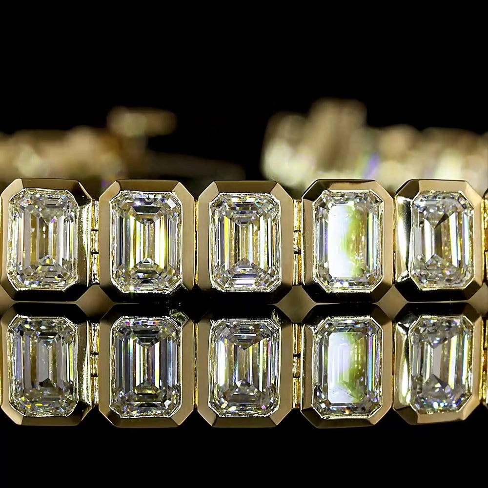 14K Yellow Gold Tennis Bracelet with Bezel Set Emerald Cut Lab Diamonds - 10.45 Carat Total Weight, E-F Color, VS1 Clarity - Covaloro Fine Jewelry