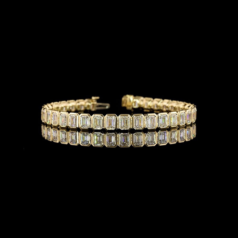 14K Yellow Gold Tennis Bracelet with Bezel Set Emerald Cut Lab Diamonds - 12.79 Carat Total Weight, 36 Stones - Covaloro Fine Jewelry