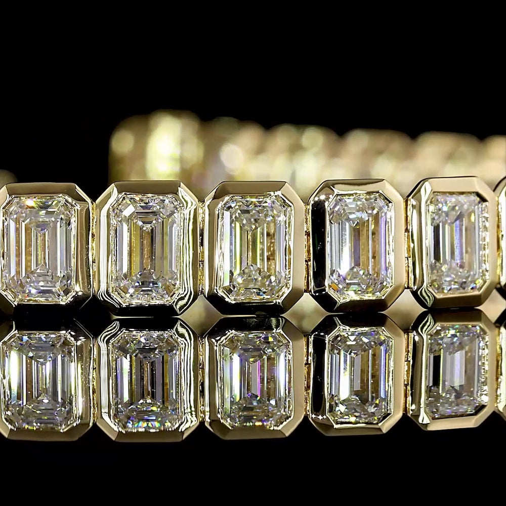 14K Yellow Gold Tennis Bracelet with Bezel Set Emerald Cut Lab Diamonds - 12.79 Carat Total Weight, 36 Stones - Covaloro Fine Jewelry