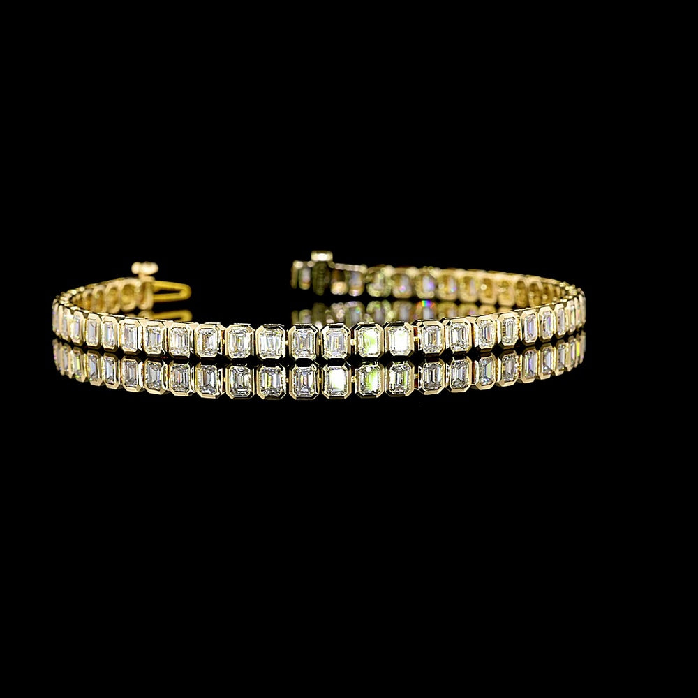 14K Yellow Gold Tennis Bracelet with Bezel Set Emerald Cut Lab Diamonds - 4.12 Carat Total Diamond Weight, 50 Stones - Covaloro Fine Jewelry