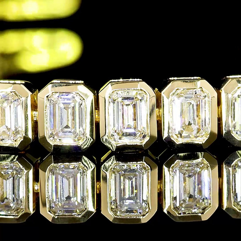 14K Yellow Gold Tennis Bracelet with Bezel Set Emerald Cut Lab Diamonds - 4.12 Carat Total Diamond Weight, 50 Stones - Covaloro Fine Jewelry