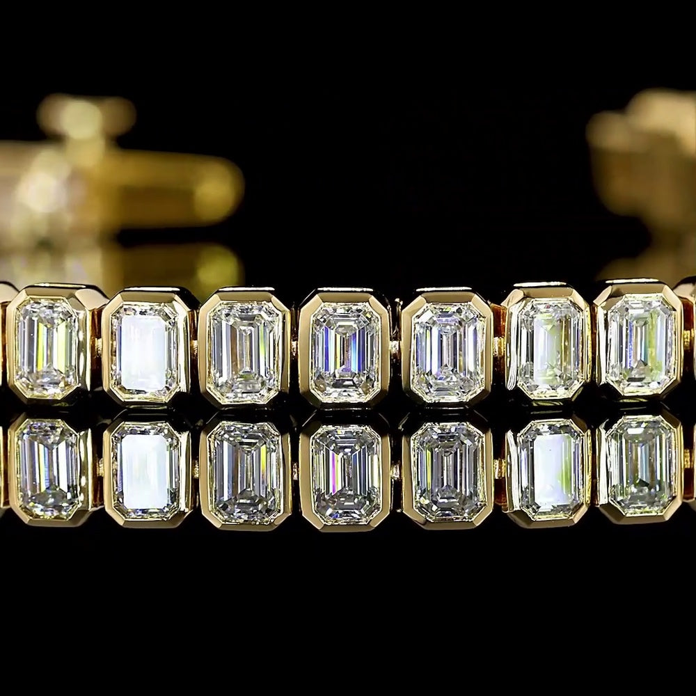 14K Yellow Gold Tennis Bracelet with Bezel Set Emerald Cut Lab Diamonds - 4.89 Carat Total Weight, E-F Color, VS Clarity - Covaloro Fine Jewelry