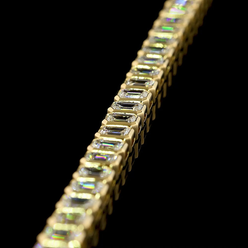 14K Yellow Gold Tennis Bracelet with Bezel Set Emerald Cut Lab Diamonds - 4.89 Carat Total Weight, E-F Color, VS Clarity - Covaloro Fine Jewelry