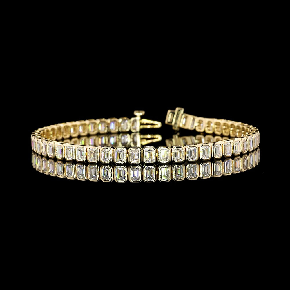 14K Yellow Gold Tennis Bracelet with Bezel Set Emerald Cut Lab Diamonds - 6.12 Carat Total Weight - Covaloro Fine Jewelry
