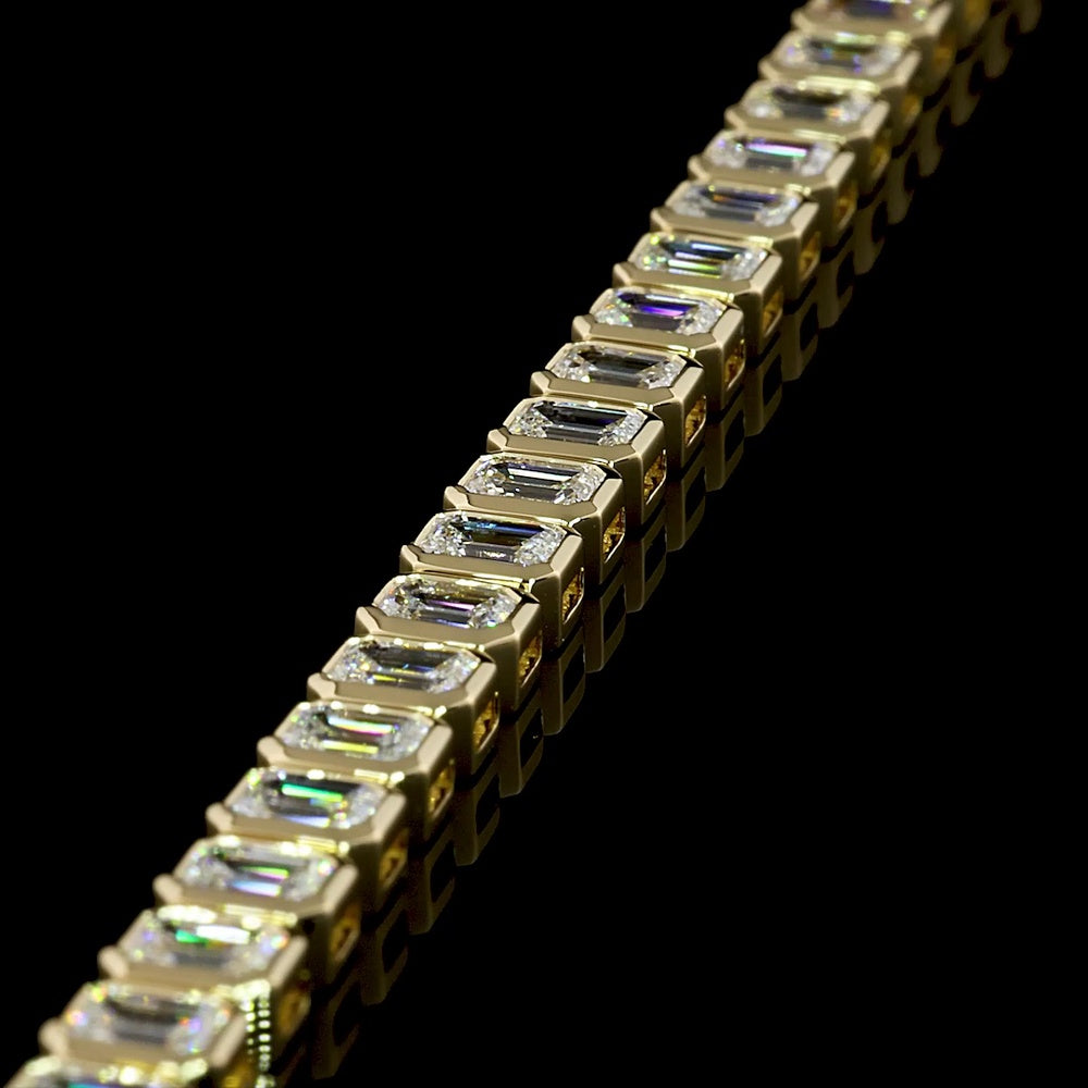 14K Yellow Gold Tennis Bracelet with Bezel Set Emerald Cut Lab Diamonds - 6.12 Carat Total Weight - Covaloro Fine Jewelry