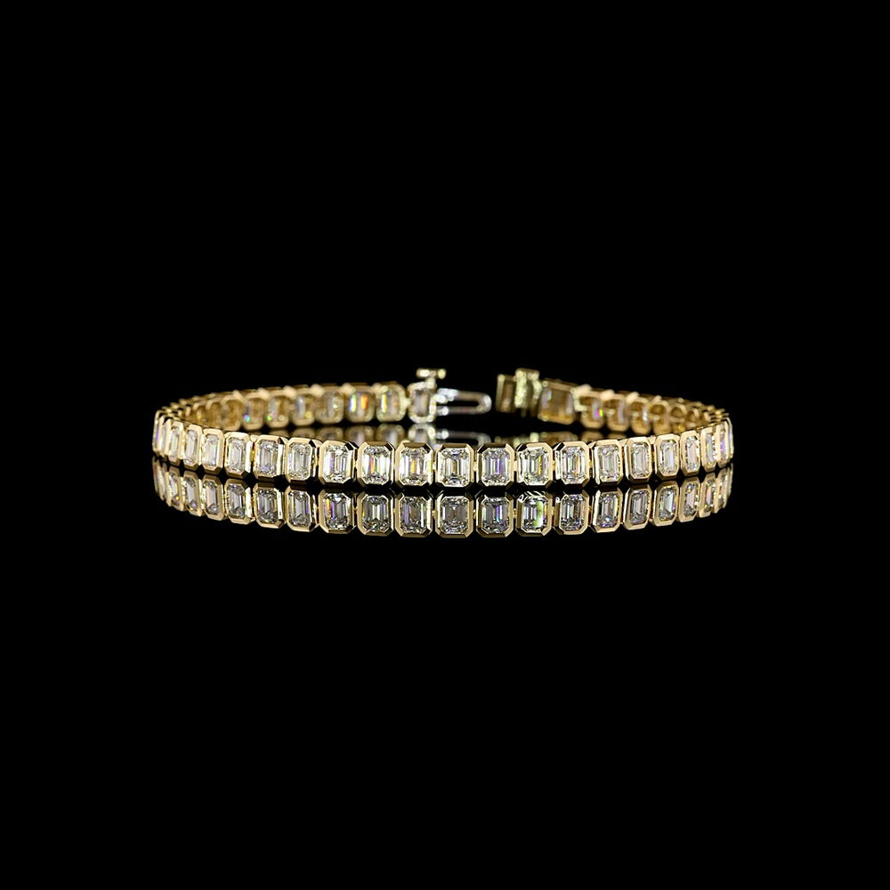 14K Yellow Gold Tennis Bracelet with Bezel Set Emerald Cut Lab Diamonds - 6.80 Carat Total Weight - Covaloro Fine Jewelry