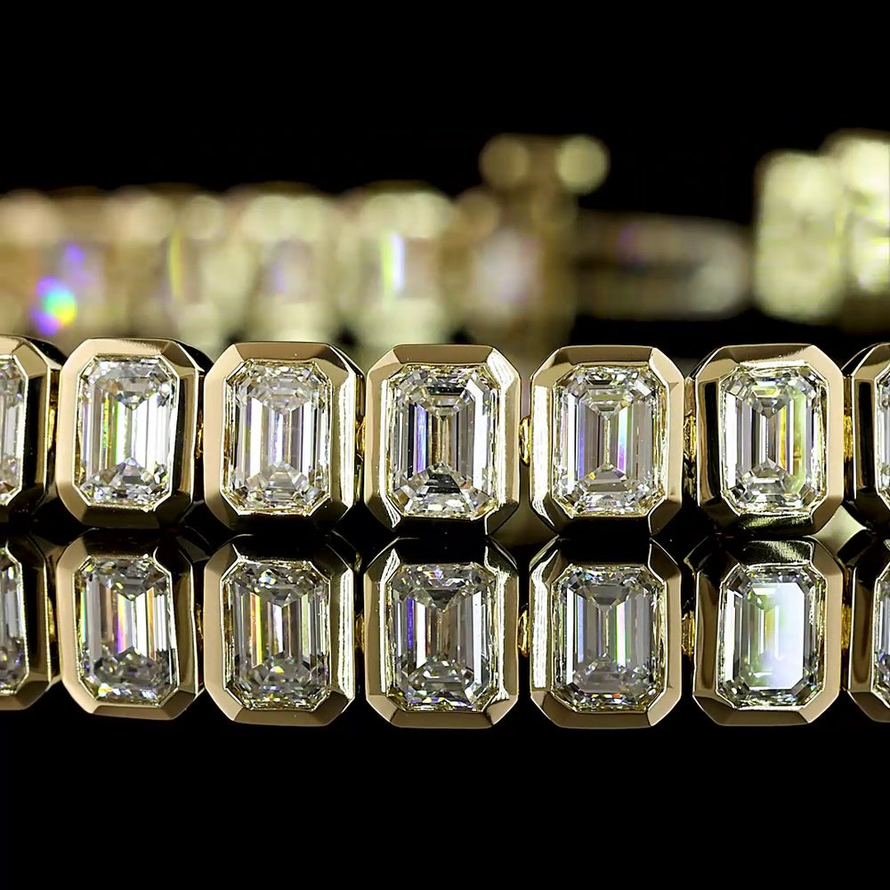 14K Yellow Gold Tennis Bracelet with Bezel Set Emerald Cut Lab Diamonds - 6.80 Carat Total Weight - Covaloro Fine Jewelry
