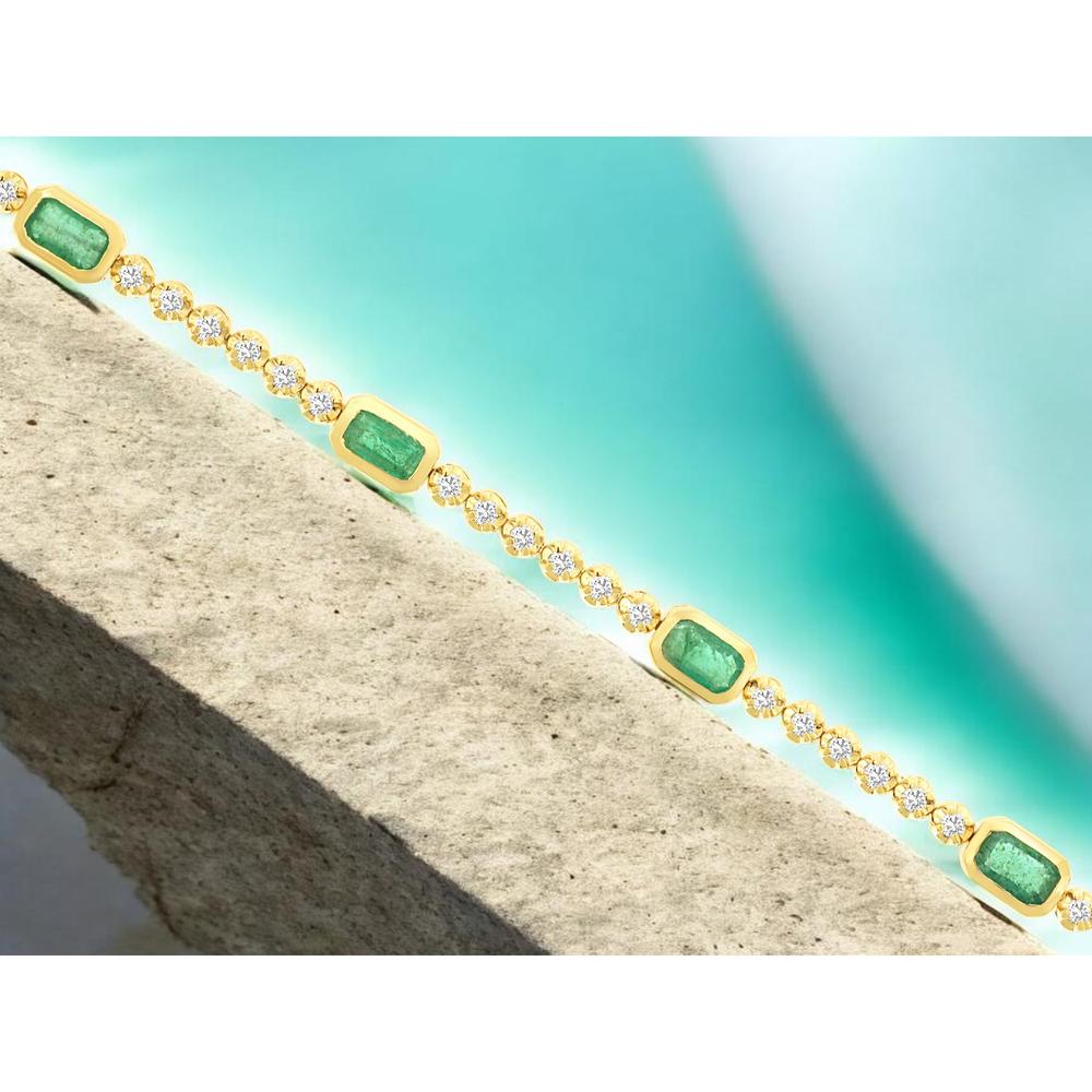 14K Yellow Gold Tennis Bracelet with Bezel-Set Emeralds and Round Diamonds - 2.77 Carat Total Gem Weight - Royal Jewelry