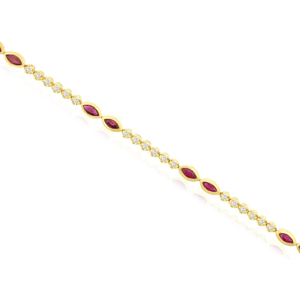 14K Yellow Gold Tennis Bracelet with Bezel-Set Marquise Rubies and Round Diamonds - 1.15 Carat Total Ruby Weight and 0.45 Carat Total Diamond Weight - Royal Jewelry