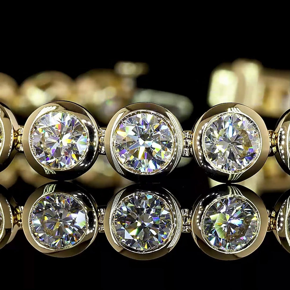 14K Yellow Gold Tennis Bracelet with Bezel Set Round Lab Diamonds - 14.69 Carat Total Diamond Weight, E-F Color VS Clarity, 27 Stones - Covaloro Fine Jewelry