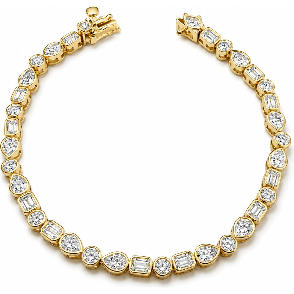 14K Yellow Gold Tennis Bracelet with Bezel Set Round, Pear, and Emerald Cut Diamonds - 6.15 Carat Total Diamond Weight by Auriventus