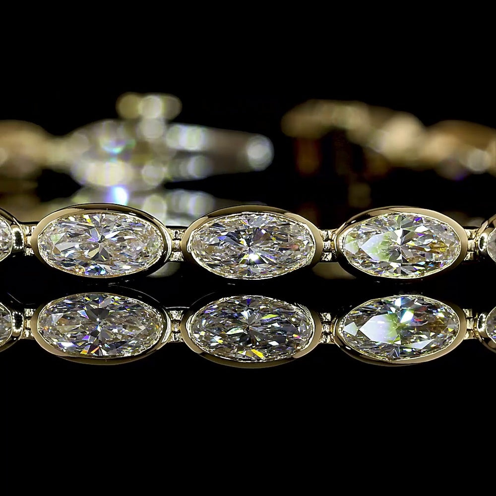 14K Yellow Gold Tennis Bracelet with East-West Bezel Set Moval Cut Lab Diamonds - 4.70 Carat Total Diamond Weight - Covaloro Fine Jewelry