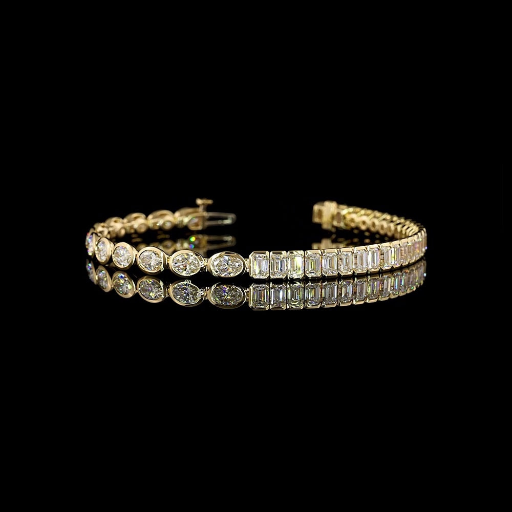 14K Yellow Gold Tennis Bracelet with East-West Bezel Set Oval Cut and Emerald Cut Lab Diamonds - 9.32 Carat Total Weight - Covaloro Fine Jewelry