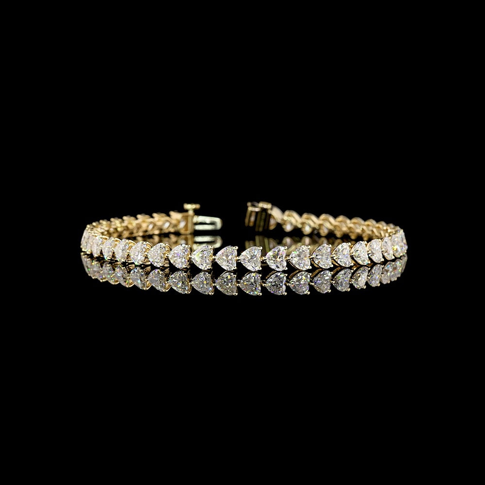 14K Yellow Gold Tennis Bracelet with East-West Heart Shape Lab Diamonds - 10.84 Carat Total Weight, E-F Color VS Clarity, 41 Stones - Covaloro Fine Jewelry