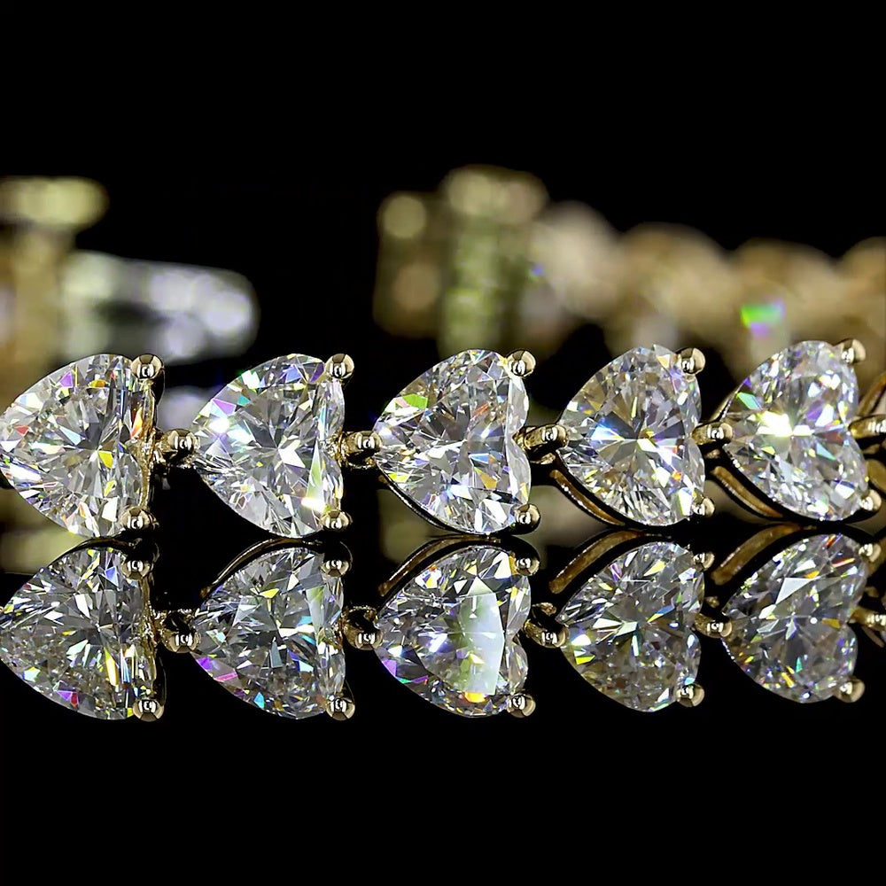 14K Yellow Gold Tennis Bracelet with East-West Heart Shape Lab Diamonds - 10.84 Carat Total Weight, E-F Color VS Clarity, 41 Stones - Covaloro Fine Jewelry