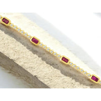 14K Yellow Gold Tennis Bracelet with Geometric Ruby Stations and Round Diamonds - 2.25 Carat Ruby & 0.77 Carat Total Diamond Weight - Royal Jewelry
