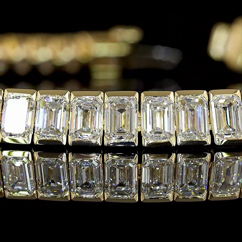 14K Yellow Gold Tennis Bracelet with Half Bezel Set Emerald Cut Lab Diamonds - 11.86 Carat Total Weight, 60 Stones E VS1 Quality - Covaloro Fine Jewelry