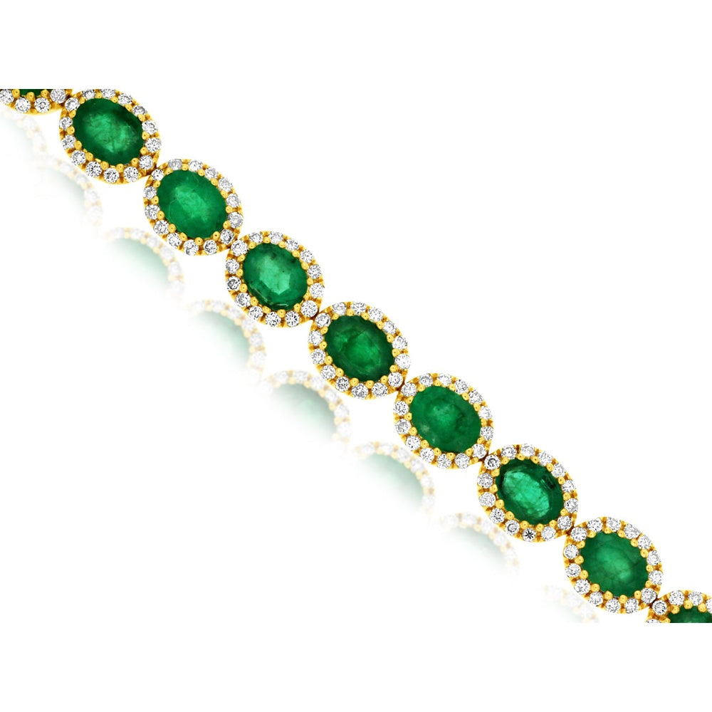 14K Yellow Gold Tennis Bracelet with Halo-Set Oval Emeralds and Round Diamonds - 5.00 Carat Total Emerald Weight and 1.20 Carat Total Diamond Weight - Royal Jewelry