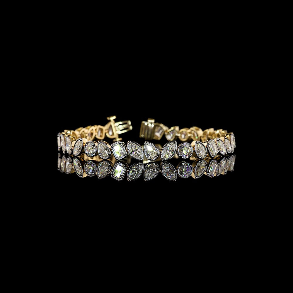 14K Yellow Gold Tennis Bracelet with Mixed Brilliant, Emerald, Pear, and Marquise Cut Lab Diamonds - 11.24 Carats Total Diamond Weight - Covaloro Fine Jewelry