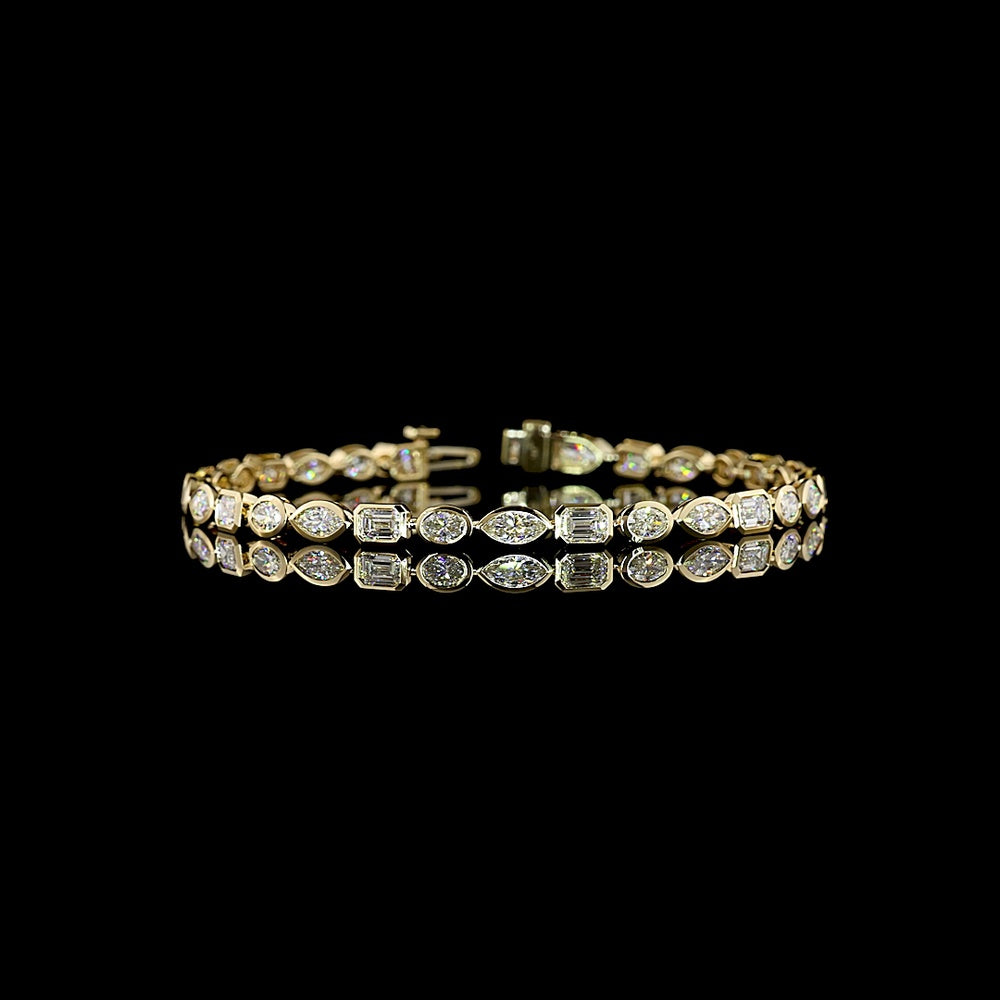 14K Yellow Gold Tennis Bracelet with Mixed Shape Bezel Set Natural Diamonds - Emerald, Marquise, and Oval Cut - 3.30 Carat Total Weight - Covaloro Fine Jewelry