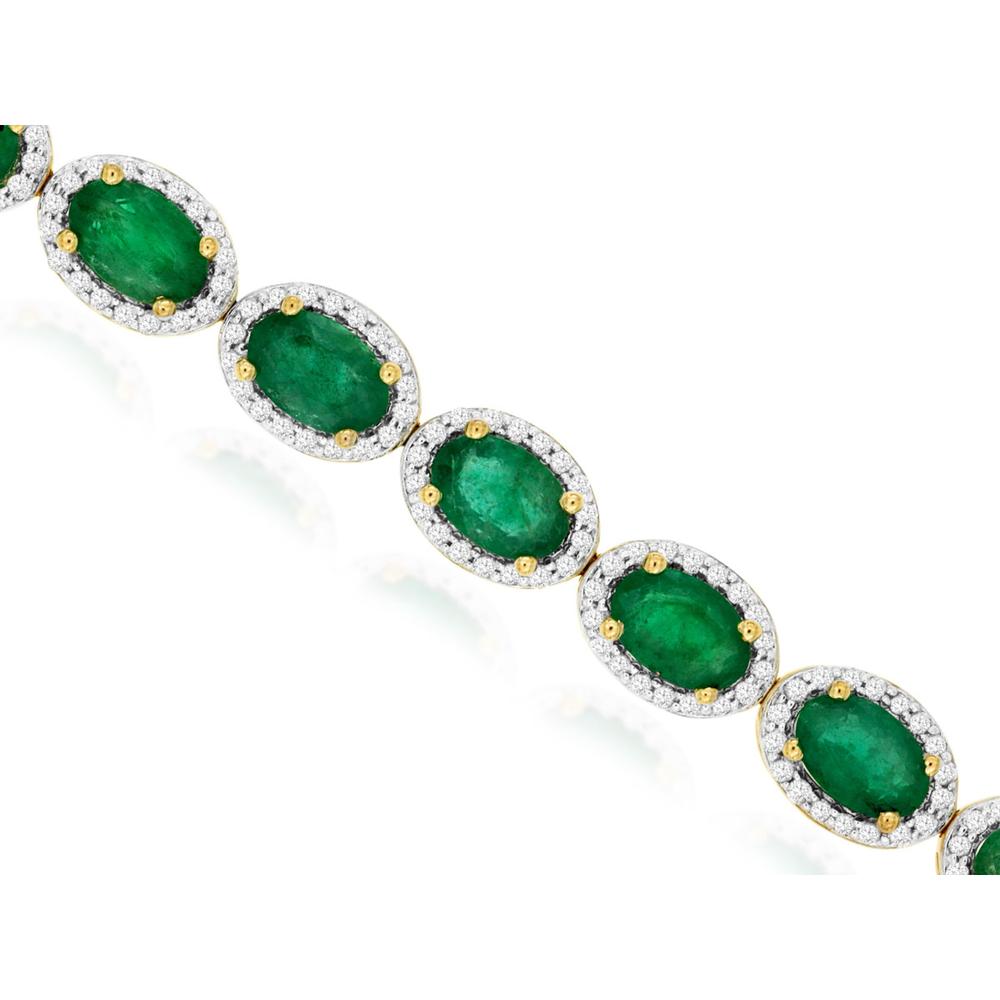 14K Yellow Gold Tennis Bracelet with Oval Cut Emerald and Diamond Halo - 9.00 Carat Emerald Total Weight & 1.40 Carat Diamond Total Weight - Royal Jewelry