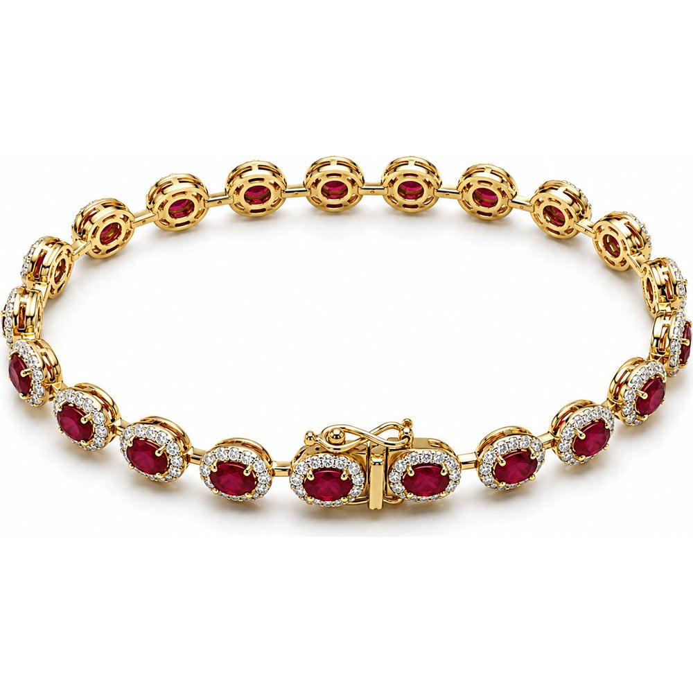 14K Yellow Gold Tennis Bracelet with Oval Rubies and Diamond Halos - 5.24 Carat Ruby and 1.85 Carat Diamond Total Weight by Auriventus