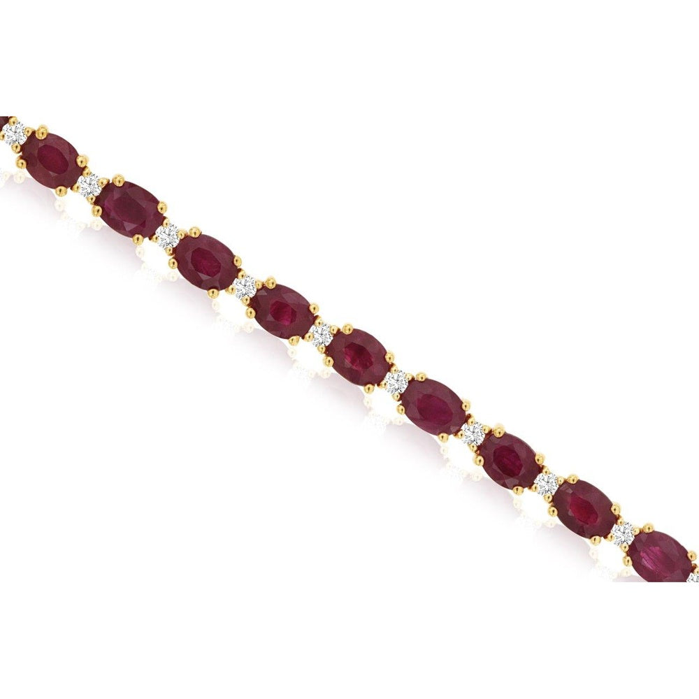 14K Yellow Gold Tennis Bracelet with Oval Rubies and Round Diamond Accents - 7.00 Carat Total Ruby Weight and 0.50 Carat Total Diamond Weight - Royal Jewelry