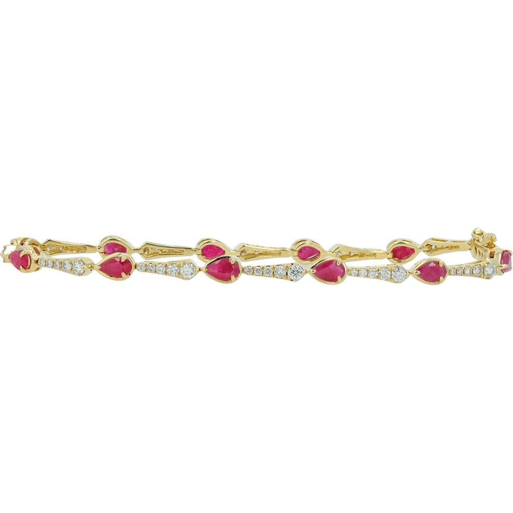 14K Yellow Gold Tennis Bracelet with Pear-Shaped Rubies and Round Diamonds - 3.00 Carat Total Ruby Weight and 1.15 Carat Total Diamond Weight