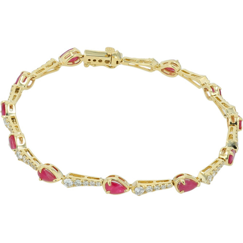 14K Yellow Gold Tennis Bracelet with Pear-Shaped Rubies and Round Diamonds - 3.00 Carat Total Ruby Weight and 1.15 Carat Total Diamond Weight