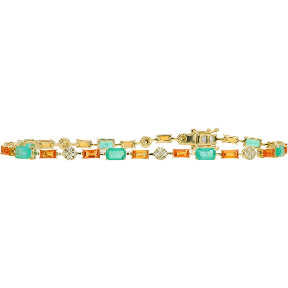 14K Yellow Gold Tennis Bracelet with Prong-Set Emerald and Orange Sapphire Alternating Stones - 5.00 Carat Total Gem Weight and 0.32 Carat Diamond Accents