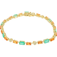 14K Yellow Gold Tennis Bracelet with Prong-Set Emerald and Orange Sapphire Alternating Stones - 5.00 Carat Total Gem Weight and 0.32 Carat Diamond Accents