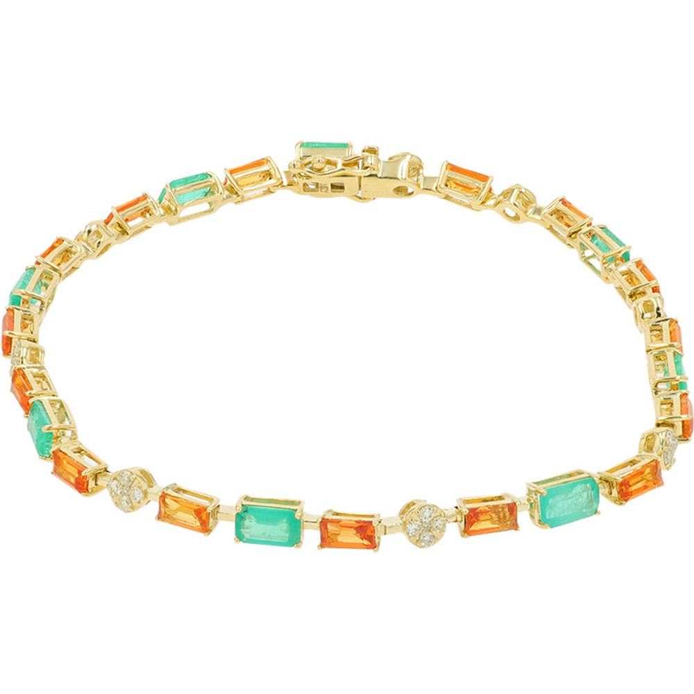 14K Yellow Gold Tennis Bracelet with Prong-Set Emerald and Orange Sapphire Alternating Stones - 5.00 Carat Total Gem Weight and 0.32 Carat Diamond Accents
