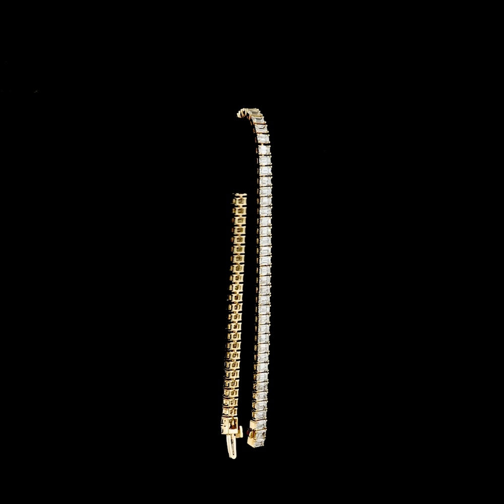 14K Yellow Gold Tennis Bracelet with Prong Set Emerald Cut Lab Diamonds - 8.27 Carats Total Weight, E-F VS Clarity, 68 Stones - Covaloro Fine Jewelry