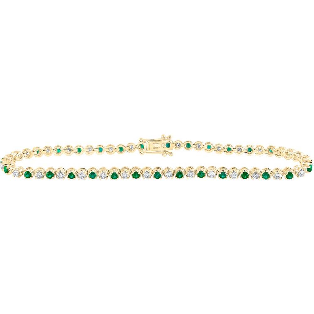 14K Yellow Gold Tennis Bracelet with Prong Set Round Emeralds 1.08 Carat and Diamonds 1.02 Carat Total Weight