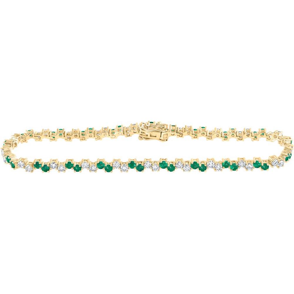 14K Yellow Gold Tennis Bracelet with Prong Set Round Emeralds 1.89 Carat and Diamonds 1.66 Carat Total Weight
