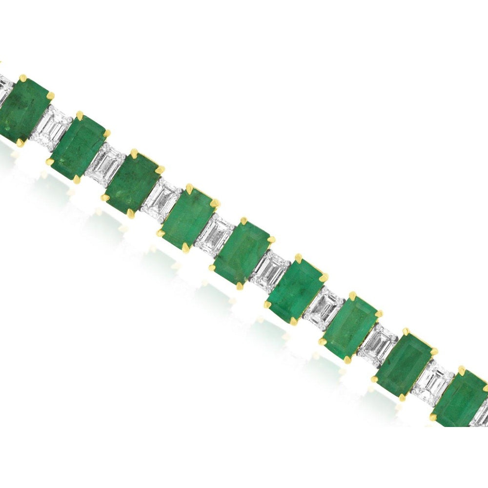 14K Yellow Gold Tennis Bracelet with Rectangular Emeralds and Baguette Diamonds - 9.25 Carat Total Emerald Weight and 3.10 Carat Total Diamond Weight - Royal Jewelry