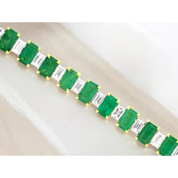 14K Yellow Gold Tennis Bracelet with Rectangular Emeralds and Baguette Diamonds - 9.25 Carat Total Emerald Weight and 3.10 Carat Total Diamond Weight - Royal Jewelry