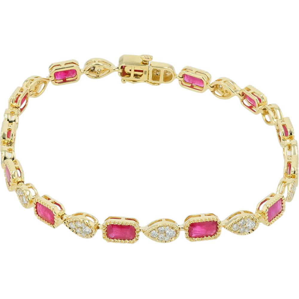 14K Yellow Gold Tennis Bracelet with Ruby and Diamond Accents - 4.65 Carat Ruby, 0.85 Carat Total Diamond Weight