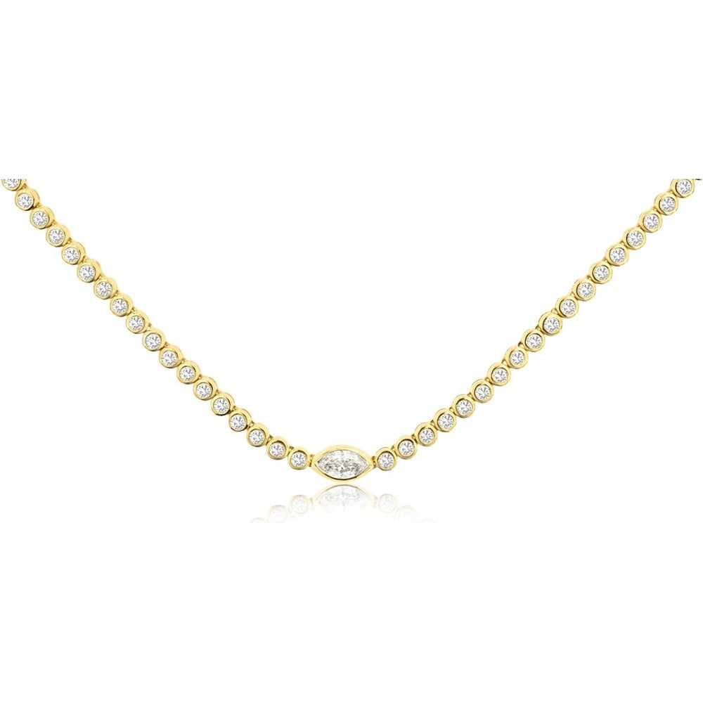 14K Yellow Gold Tennis Necklace with Bezel-Set Round Diamonds and Center Marquise Diamond - 1.20 Carat Total Diamond Weight - Royal Jewelry