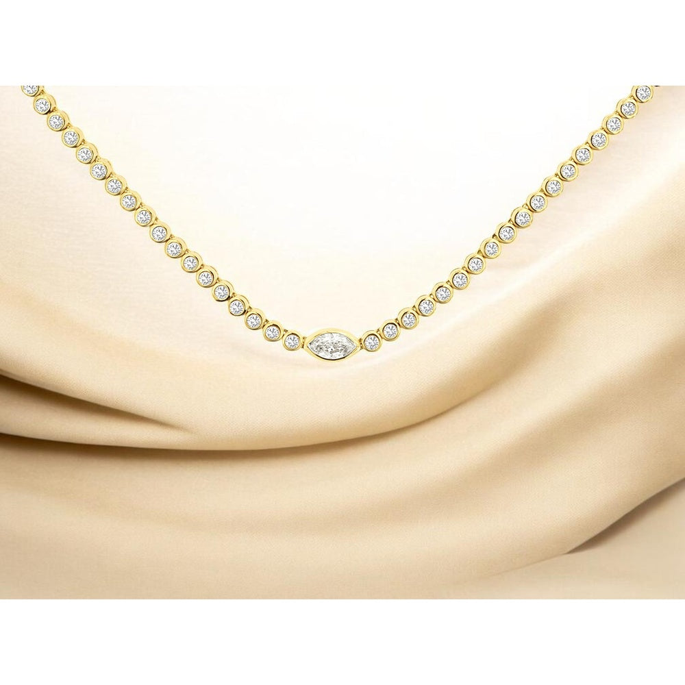 14K Yellow Gold Tennis Necklace with Bezel-Set Round Diamonds and Center Marquise Diamond - 1.20 Carat Total Diamond Weight - Royal Jewelry