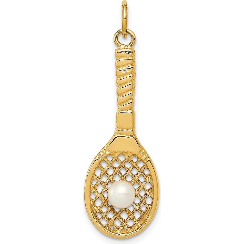14K Yellow Gold Tennis Racquet Charm with Freshwater Cultured Pearl Ball - 4mm Pearl