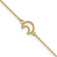 14K Yellow Gold Textured and Polished Crescent Moon Anklet with 9" Cable Chain and 1" Extender