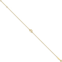 14K Yellow Gold Textured and Polished Crescent Moon Anklet with 9" Cable Chain and 1" Extender