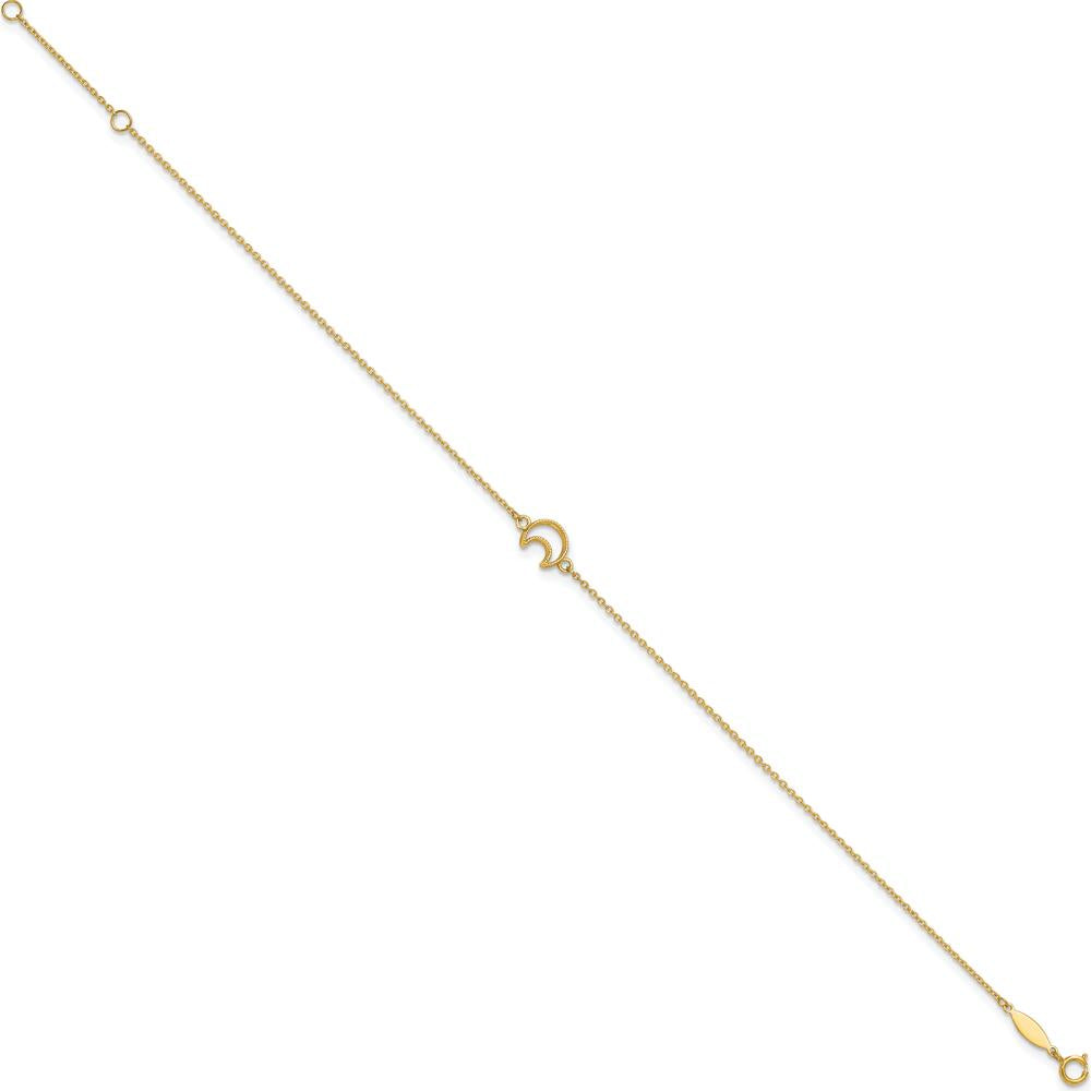 14K Yellow Gold Textured and Polished Crescent Moon Anklet with 9" Cable Chain and 1" Extender