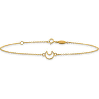 14K Yellow Gold Textured and Polished Crescent Moon Anklet with 9" Cable Chain and 1" Extender