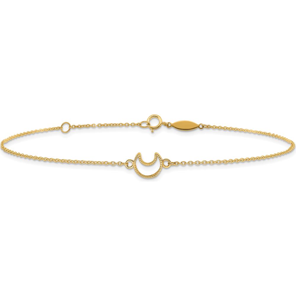14K Yellow Gold Textured and Polished Crescent Moon Anklet with 9" Cable Chain and 1" Extender