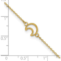 14K Yellow Gold Textured and Polished Crescent Moon Anklet with 9" Cable Chain and 1" Extender