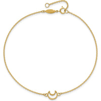 14K Yellow Gold Textured and Polished Crescent Moon Anklet with 9" Cable Chain and 1" Extender