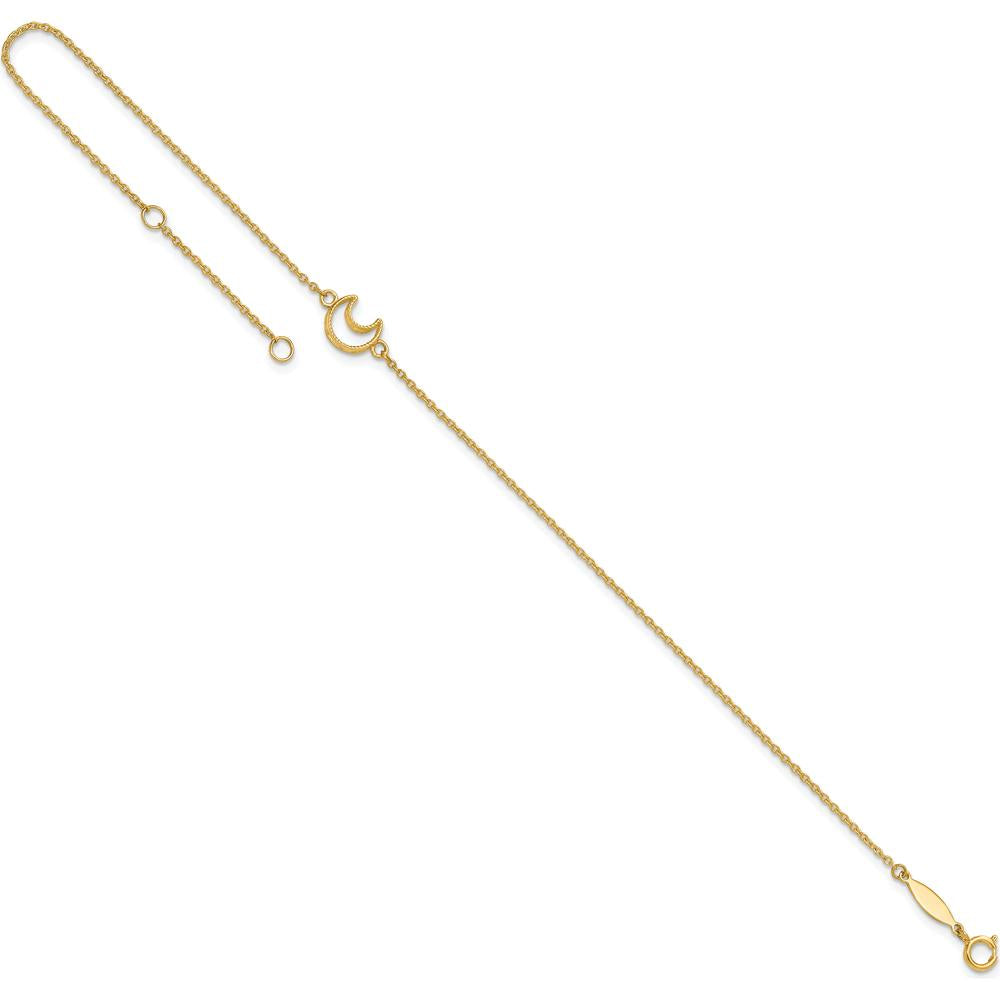 14K Yellow Gold Textured and Polished Crescent Moon Anklet with 9" Cable Chain and 1" Extender